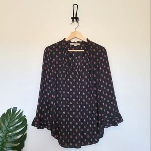 Black Floral LOFT 3/4 Sleeve Blouse (Small)